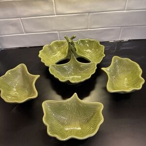 Studio JCP Home  Gingko Leaf‎ Shaped Serving Dish & Bowls Green Set Of 4 Vintage